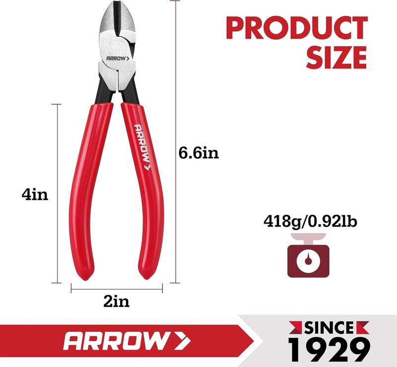 Arrow Fastener كماشة قطع قطرية عالية الرفع 6 بوصات من ARROW، قواطع أسلاك مع مقبض مريح، قواطع جانبية لقطع الأسلاك - Image 3
